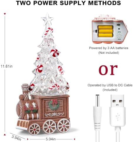 Christmas Train Snow Globe with Music, Lighted Christmas Tree Water Lantern with Swirling Glitter, USB & Battery Powered with Timer, Candy Cane Christmas Decorations Indoor Gifts - Image 6