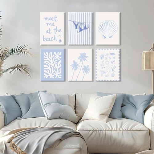 Blue Coastal Wall Art Decor Beach Preppy Canvas Poster Coastal Granddaughter Prints Aesthetic Beachy Picture Summer Bikini Coast Artwork Ocean Shell Painting for Girly Dorm 12x16x6 Inch Ready to Hang - Image 3