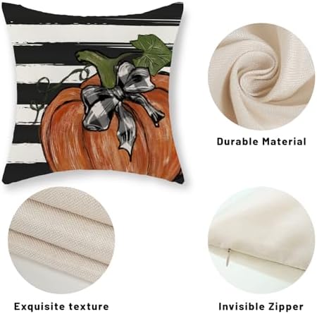 Fall Pillow Covers 20x20 Set of 2 Orange Pumpkin Maple Leaves Stripes Fall Decor Pillowcase Autumn Harvest Decorative Outdoor Throw Pillow Covers Linen Thanksgiving Cushion Case for Sofa Home - Image 7