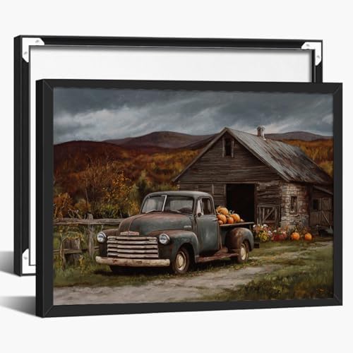 Vintage Truck with Pumpkins Wall Art – Rustic Fall Barn Landscape Canvas,Country Farmhouse Poster for Thanksgiving Entryway or Autumn Living Room Decor 16x20in Black aluminum frame by Unknown