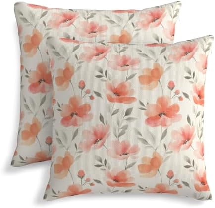 KiuLoam Spring Peach Floral Pillow Covers 22x22 Inch Set of 2, Coral Pink Watercolor Flower Rustic Decorative Throw Pillows, Farmhouse Outdoor Square Cushion Cases for Sofa Couch Bed Home Decor by KiuLoam