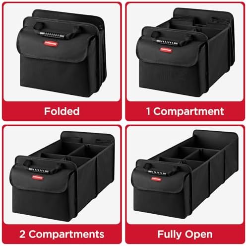 Rubbermaid Car Organizer, Collapsible Trunk Organizer with Removable Leakproof Cooler Bag without Lid, Multi-Compartment Car Storage Organization for Car Accessories, 5 Compartments Without Cover,