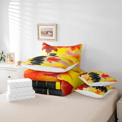Autumn Zen Stone Full Comforter Set 7 Piece,Fall Leaves Bed in a Bag,Lake View Fall Decorations for Home Bedding Sets with 1 Comforter,2 PillowShams,2 Pillowcases,1 Flat Sheet,1 Fitted Sheet - Image 6