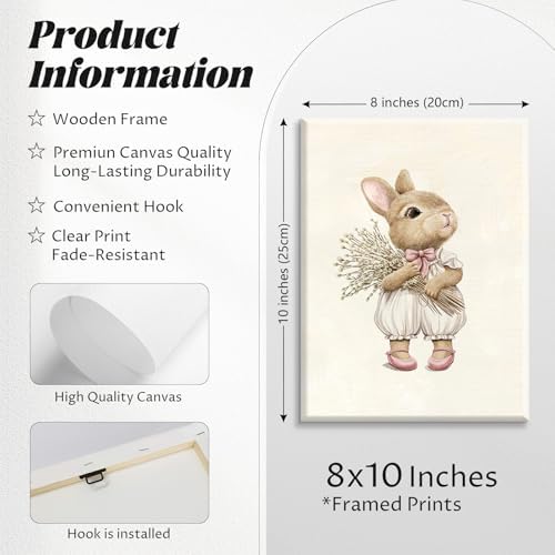 Pink Nursery Wall Art Baby Girl Canvas Wall Decor Vintage Poster Bunny Flower Wall Art Antique Preppy Pictures Animal Floral Prints Kids Swans Painting for Girls Room Bedroom 8x10x6 Inch Framed - Image 2