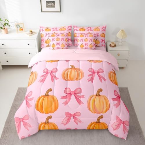 Erosebridal 7 Pcs Pumpkin Bed in A Bag Twin Kawaii Pink Bowknot Bedding Set - Image 3