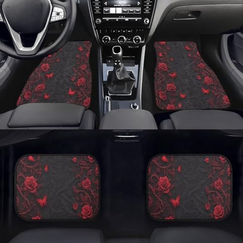 Rose Floral Butterfly Print Car Carpet Floor Mat Gothic Butterflies Rose Flower 4 Piece Universal Fit Heavy Duty Rubber Non-Slip Floor Mats Heel Pad Fit Floor Carpet 2 Row