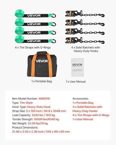 VEVOR Wheel Chock Tie-Down Kit, Tire-Style Tow Dolly Strap, Car Kit with Heavy-Duty Hook, Break Strength 10009 lbs & Working Load 3333 lbs Motorcycle Tie-Down System with O-Ring for ATV, SUV