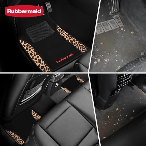 Rubbermaid Car Mats, Carpeted Floor Car Mat with Faux Leather & Built-in Heel Pad, Two-Tone Car Rug Floor Mats, Stylish Carpeted Floor Mats for Cars, Trucks & SUVs Leopard Patten Design