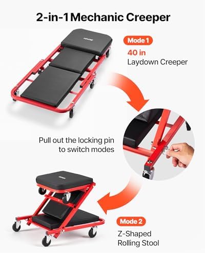 VEVOR 40 in 2-in-1 Folding Mechanic Creeper, Z Creeper Seat & Under Car Garage Roller, 450 lbs Rolling Creeper Stool with 6 Swivel Casters, Padded Headrest for Auto Repair - Image 2