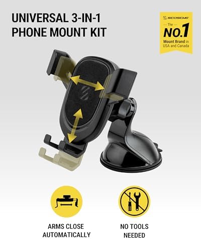 Scosche GHVWD 3-in-1 Universal Suction Cup Phone Mount for Car and Truck Dashboard/Windshield/Vent Mount, 360° Adjustable Phone Stand, Cell Phone Holder Compatible with iPhone and All Android Phones