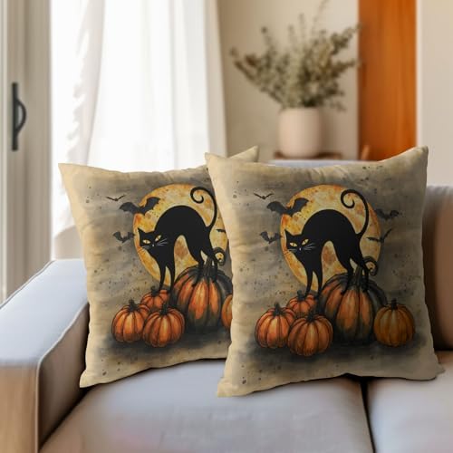 Halloween Throw Pillow Covers 20x20 Set of 2 Black Cat Bats Pillow Covers Pumpkins Full Moon Spooky Pillowcase for Kitchen Sofa Outdoor Cushion Couch Watercolor Bedroom Living Room Decoration - Image 3