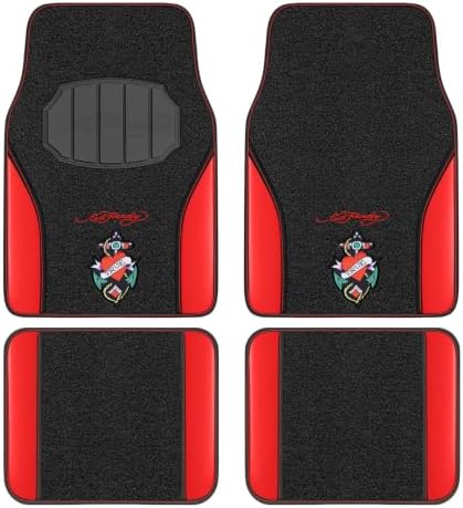 ED HARDY Heart Print Car Floor Mats, Carpet Floor Mats with Red Leather Design, Automotive Car Mats with Built-in Heel Pad & Anti-Slip Backing, Fits Most Cars, SUVs & Trucks, Durable & Odorless