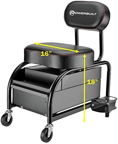 Powerbuilt Professional Car Detailers Mechanics Roller Seat, Heavy Duty Garage Stool with Thick Padded Seat and Backrest, 2 Sliding Storage Drawers, Tool Tray, Can Holders, 3in. Swivel Casters–240299 - Image 6