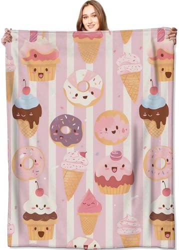 Cute Dessert Blanket Donut, Ice Cream and Cupcake Pink Throw Blankets,Birthday Gifts for Kids Girls Women,Lightweight Soft Fleece,Sweet Food Lovers,Sofa Couch Bed Room Modern Decor 40x50in by VODRM