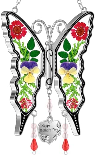 KY&BOSAM Gifts for Women Happy Mother`s Day Butterfly Suncatcher Stained Glass Suncatcher for Window Hanging Home Decor Wind Chime with Pressed Real Flower Garden Decor Gifts for Mom Mothers Day by KYBOSAM