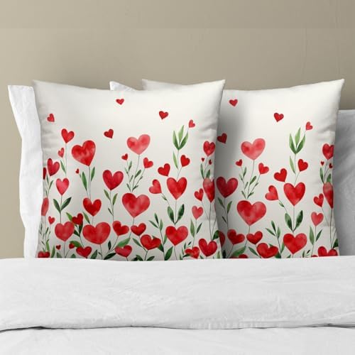 Valentine's Day Flower Throw Pillow Covers 12X12 Inches Set of 2 Red Love Heart Floral Pillowcase Soft Cotton Square Cushion Covers for Anniversary Wedding Home Sofa Bedroom Decoration - Image 3