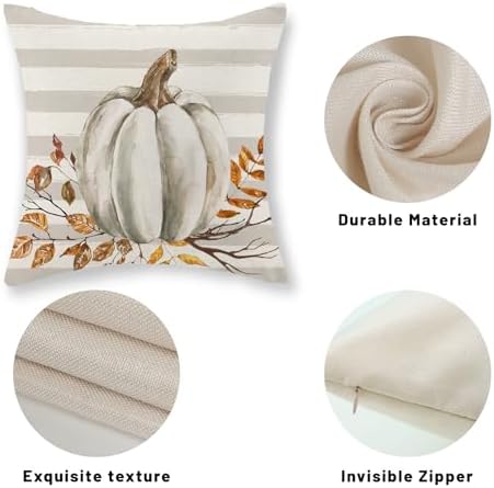 Fall Pillow Covers 18x18 Set of 2 Pumpkin Leaf Branch and Stripes Fall Decor Pillowcase Linen Autumn Thanksgiving Decorative Outdoor Throw Pillow Covers Farmhouse Cushion Case for Couch Home - Image 7