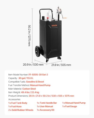 VEVOR 30 Gallon Fuel Gas Caddy, Carbon Steel, Portable Fuel Transfer Storage Tank with Manual Pump & 2 Wheels, Gasoline Diesel Can Container, for Cars, Lawn Mowers, ATVs, Boats, Motorcycles, Black - Image 7