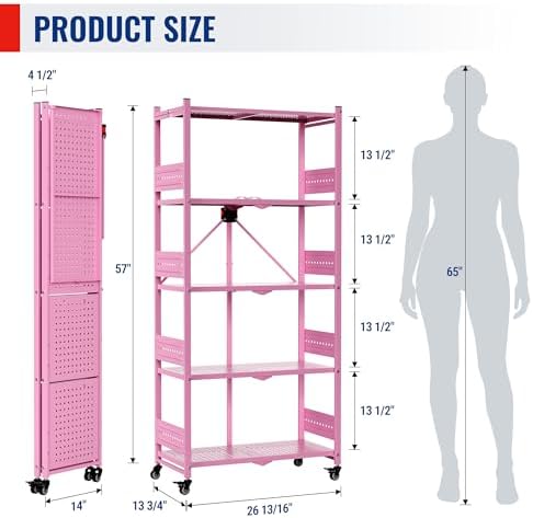 WORKPRO 5-Tier Folding Shelf, No-Assembly Metal Storage Rack with Wheels, 750 lbs Capacity (with Leveling Feet), Collapsible Shelving Unit for Kitchen, Pantry, Closet & Craft Shows - Pink - Image 3