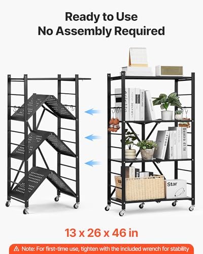 VEVOR 4-Tier Foldable Storage Shelf, 26W x 13D x 46H Inch Folding Metal Rack Shelving Unit, No Assembly Organizer Shelf with 5 Wheels & 4 Hooks for Pantry, Kitchen, Garage, Basement, Black - Image 4