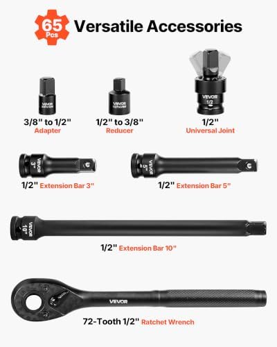 VEVOR 1/2" Drive Impact Socket Set 65 Piece, 3/8" to 1-1/4" and 10-24mm - Image 4