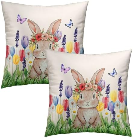 Easter Bunny with Flower Wreath Throw Pillow Covers 24X24 Inches Set of 2 Spring Colorful Tulip Butterflies Pillowcase Soft Cotton Square Seasonal Cushion Covers for Living Room Sofa Bedroom Decor - Image 2