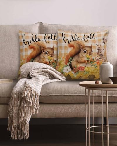 Fall Pillow Covers 16x16 Inch Set of 2, Thanksgiving Decorations Squirrel Sunflower Outdoor Throw Pillow Covers, Plaid Leaf Autumn Holiday Square Pillowcases for Patio Sofa Couch Bedroom Decorative - Image 2