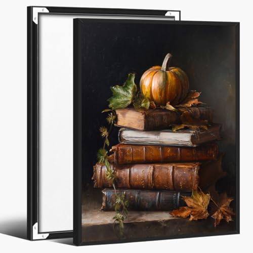 Vintage Pumpkin Still Life Wall Art – Antique Books with Fall Leaves Canvas Print,Dark Academia Autumn Aesthetic Poster for Reading Nook Decor 16x20in Black aluminum frame by Unknown