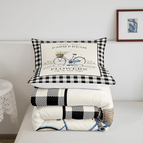 Rustic Farmhouse Comforter Set King Size Vintage Bicycle Flowers Quilt Set Geometric Black White Plaid Bedding Set 3pcs for Kids Girls Women Room Decor Spring Nature Duvet Insert,2 Pillowcases - Image 5