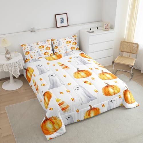 Erosebridal Halloween Pumpkin Comforter Set Boys Kids Cute Ghost Pumpkin Light Bedding Twin 2Pcs, Pumpkin Decor Bedding Comforter Sets for Girls Children Autumn Decorations Comforter for Home - Image 3