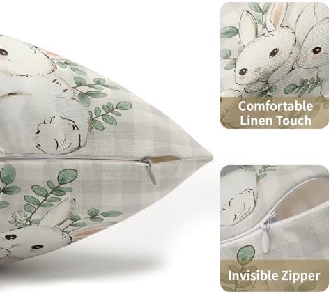 Easter Pillow Covers 12x20 Set of 2 Cute Bunny Rabbit Throw Pillow Covers Rustic Spring Pillowcase Linen Decoration Farmhouse Soft Decorative Plaid Cushion Case Couch for Indoor Outdoor Home Decor - Image 5