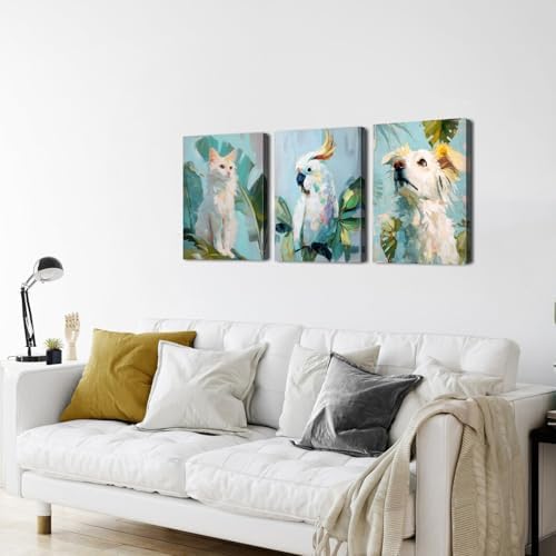 Funny Animal Wall Art Watercolor Green Leaves Pictures Prints Boho Cute Cat Dog Parrot Plant Paintings Posters Kids Bedroom Decor Rustic Botanical Modern Nursery Artwork for Home Decoration 16x24" 3P - Image 6