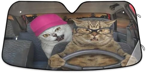 Fun Two Cat Driving Car Windshield Sun Shade Foldable UV Ray Sun Visor Protector Sunshade to Keep Your Vehicle Cool (57" x 31.5")