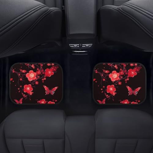 Plum Blossom Car Rubber Floor Mat Red Flower Butterfly 4PCS Front and Rear Mats Rubbers Non-Slip Floor Mats Heel Pad Plum Blossom Art Aesthetics Fit for SUV Truck Black