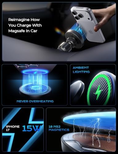 LISEN 15W MagSafe Car Mount Charger for iPhone 18 Pro Max, [Carbon Fiber] Magnetic Wireless Car Charger, Dashboard & Air Vent Car Phone Holder Mount Magnetic Universal for iPhone 17/16/15/14 Pro Max
