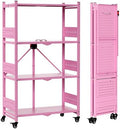 WORKPRO 4-Tier Folding Shelf, No-Assembly Metal Storage Rack with Wheels, 600 lbs Capacity (with Leveling Feet), Collapsible Shelving Unit for Kitchen, Pantry, Closet & Craft Shows - Pink by WORKPRO