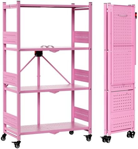 WORKPRO 4-Tier Folding Shelf, No-Assembly Metal Storage Rack with Wheels, 600 lbs Capacity (with Leveling Feet), Collapsible Shelving Unit for Kitchen, Pantry, Closet & Craft Shows - Pink by WORKPRO