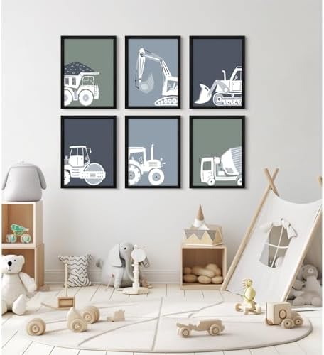 Construction Truck Wall Art Nursery Canvas Wall Decor Boys Room Wall Art Kids Car Posters Toddler Prints Nursery Artwork Excavator Tractor Pictures for Playroom Bedroom 12x16 Inch Wood Framed Set of 6 - Image 7