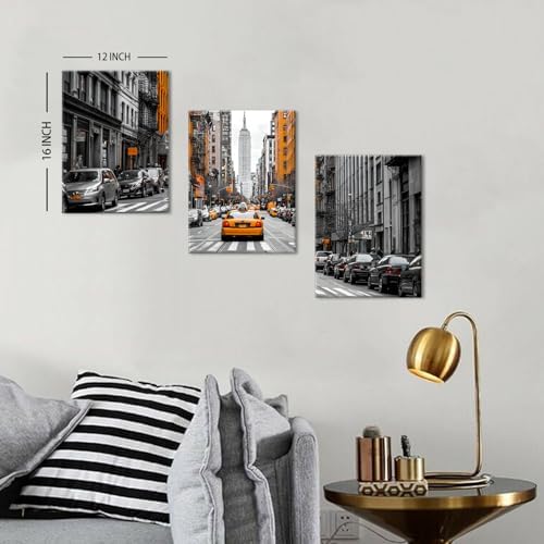 New York City Wall Art Black and White USA Street Poster Urban Yellow Taxi Car Wall Decor for Living Room Modern Building Picture NYC Scenery Panorama Artwork Bedroom Office Home Decoration 12x16" 3P - Image 5