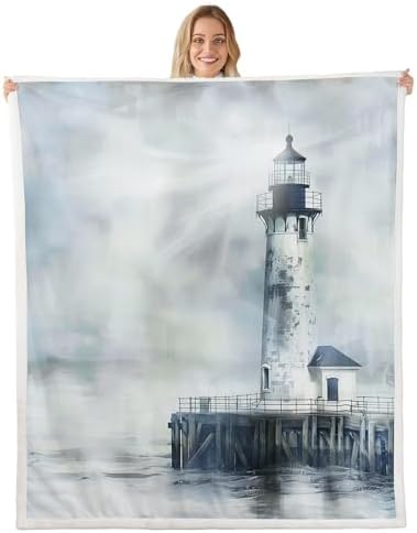 Nautical Lighthouse Sherpa Blanket Retro Oil Painting Throw Blanket Bedroom Living Room Soft Cozy Coastal Tower Blankets Decor for Bed Couch Sofa Black Grey Flannel Blankets 30"x40" by CastleFairy