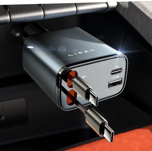 LISEN Retractable Car Charger, Dual USB C Retractable Cable Fast Car Adapter [84W Total] Travel Essential Car Accessories for Men Women, for iPhone 17 16 15 Pro Max, Samsung S26 S25 S24, Pixel, iPad