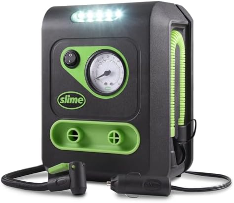Slime 40034 Tire and Mattress Inflator, All-Purpose, High Pressure, High Volume, Analog 100 psi Dial Gauge, LED Light, 8 min Tire inflation, 3 Min Mattress inflation by Slime