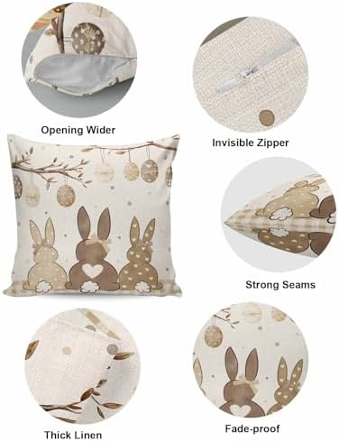 Easter Eggs Spring Bunny Tail Pillow Covers 20x20 inch Set of 2, Khaki Buffalo Plaid Decorations Outdoor Throw Pillow Covers, Cotton Linen Square Pillowcases for Sofa Couch Bedroom Patio Decorative - Image 5