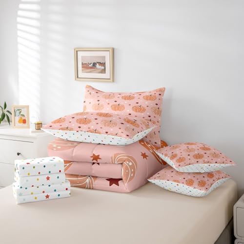 Erosebridal 7 Piece Girls Kawaii Pumpkin Bed in A Bag King Fall Autumn Bedding Set Thanksgiving Pumpkins Comforter Set for Kids Adults Room Decor,Cute Boho Stars Sheet Set with Comforter - Image 6