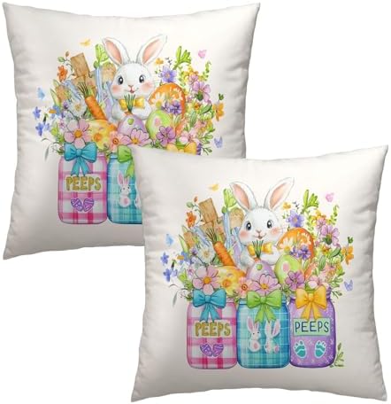Easter Bunny Carrots Throw Pillow Covers 18X18 Inches Set of 2 Spring Colorful Flowers Mason Jar Pillowcase Soft Cotton Square Seasonal Cushion Covers for Living Room Sofa Bedroom Decor - Image 2