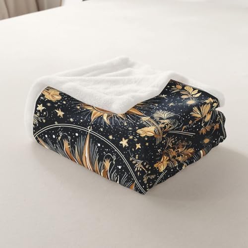 Boho Sun Moon Sherpa Blanket Mysterious Galaxy Throw Blanket Bedroom Living Room Soft Cozy Retro Flowers Plant Blankets Decor for Bed Couch Sofa Black Gold Flannel Blankets 30"x40" - Image 7