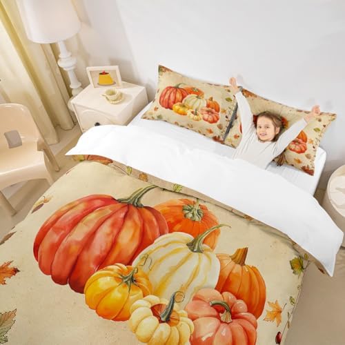 Fall Pumpkin Kids Duvet Cover Set King Size,Autumn Harvest Maple Leaf Bedding Set,Girls Boys Adults Room/Cabin Decor,Thanksgiving Retro Comforter Cover,Rustic Farmhouse Quilt Cover,2 Pillowcases - Image 3