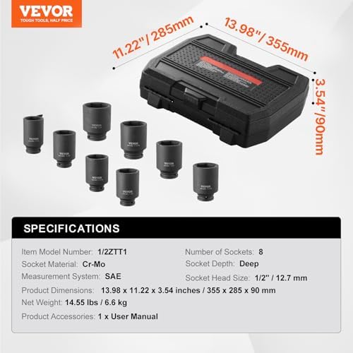 VEVOR Axle Nut Impact Socket Set - 1/2" Drive Deep 6-Point 8-Piece SAE Spindle Nut Socket CR-MO Heat Treated Large Socket Set with Storage Case for Auto Repair, Removing or Installing Axle Nuts - Image 7