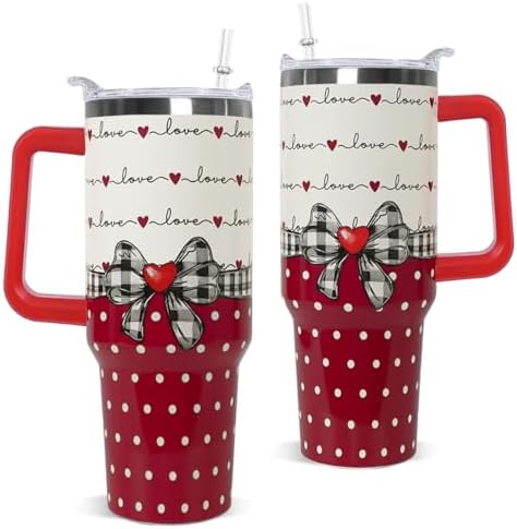 Valentines Tumbler with Handle 40 oz Red Bow Gifts Love Hearts Coffee Travel Mug Stainless Steel Insulated Cup Valentines Anniversary Wedding Birthday Gifts for Women by Unknown