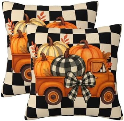 KiuLoam Vintage Fall Thanksgiving Pillow Covers 22x22 Set of 2, Orange Pumpkin Farm Truck Black Checkered Print Decorative Throw Pillow Cases for Living Room Sofa by KiuLoam